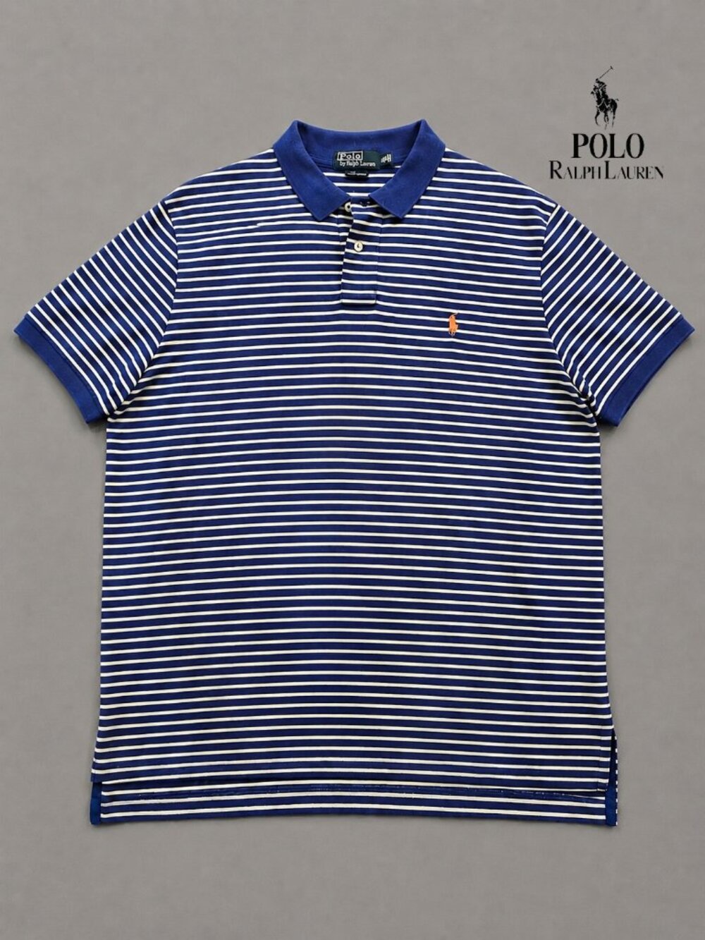 Polo Ralph Lauren Blue White Striped Polo Shirt Men's XL Orange Pony